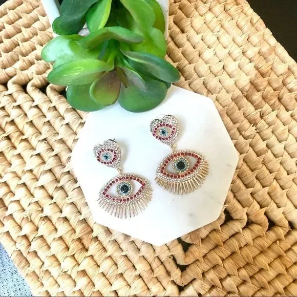 NEW! Bling Evil Eye and Heart Statement Earrings - Picture 4 of 12